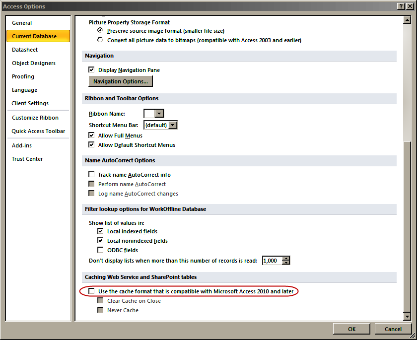 DisableCache Disabling 2010 format caching and reverting to 2007 style caching