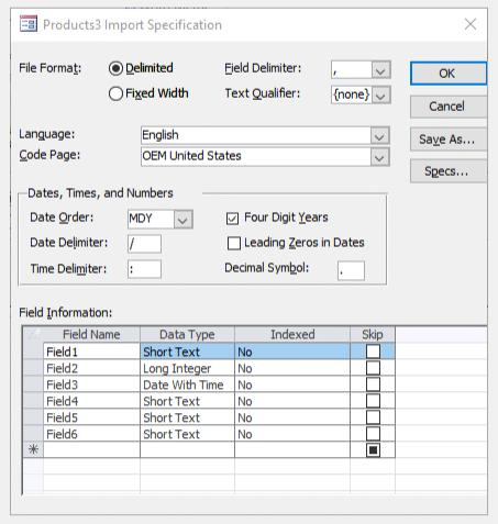 Specification dialog