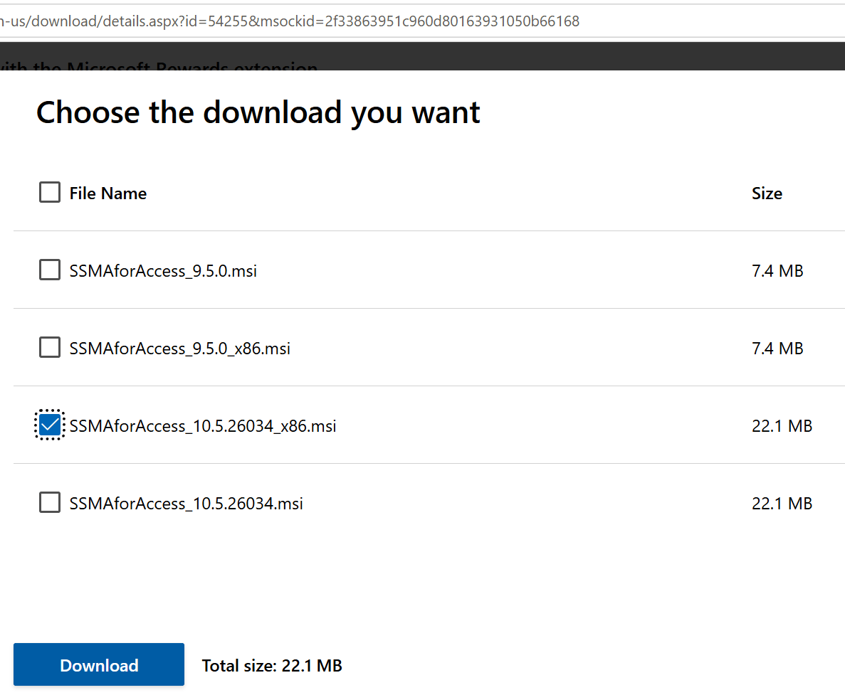 SSMA download page showing the x86 download option